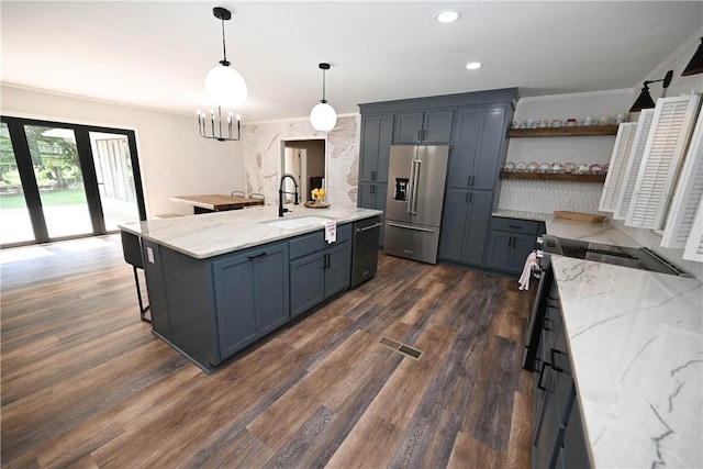 510 S Dean Rd, Auburn, AL 36830 - kitchen featuring high end refrigerator, dishwasher, electric range oven, open shelves, and dark wood-style flooring