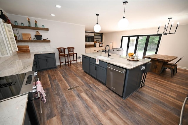 510 S Dean Rd, Auburn, AL 36830 - kitchen with dishwasher, open shelves, dark wood finished floors, light stone counters, and recessed lighting