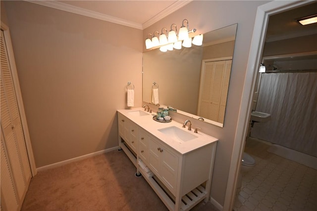510 S Dean Rd, Auburn, AL 36830 - bathroom with a closet, double vanity, ornamental molding, and a shower with shower curtain