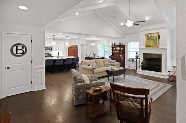 518 High Dr, Opelika, AL 36804 - living area featuring a ceiling fan, dark wood finished floors, a fireplace with raised hearth, and recessed lighting