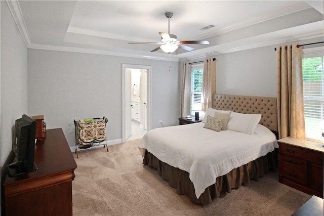 518 High Dr, Opelika, AL 36804 - bedroom featuring light carpet, a raised ceiling, multiple windows, crown molding, and baseboards