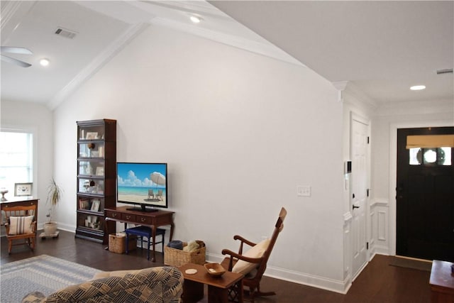 518 High Dr, Opelika, AL 36804 - living area with wood finished floors, baseboards, ceiling fan, lofted ceiling, and recessed lighting