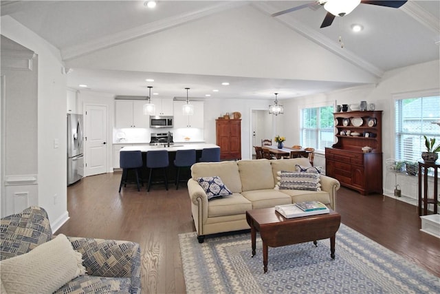 518 High Dr, Opelika, AL 36804 - living room with dark wood-type flooring, beam ceiling, a ceiling fan, recessed lighting, and high vaulted ceiling