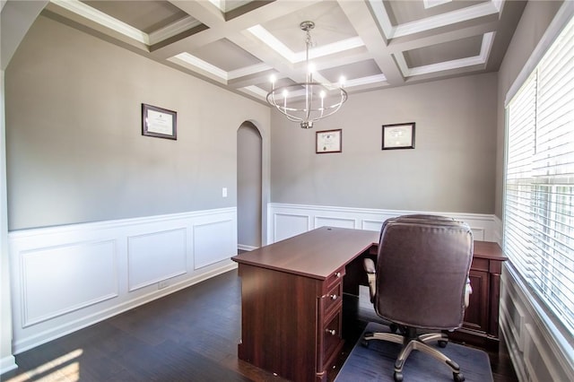 2647 Dunkirk Cir, Auburn, AL 36832 - office space with arched walkways, beamed ceiling, a chandelier, coffered ceiling, and dark wood-style flooring