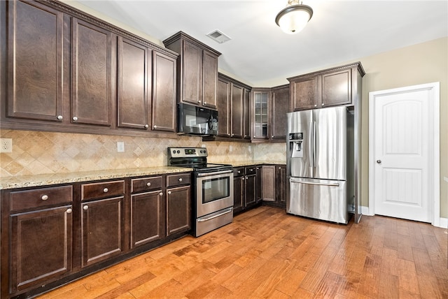 2316 Tuscany Pl, Auburn, AL 36830 - kitchen featuring light wood-style flooring, dark brown cabinets, visible vents, decorative backsplash, and appliances with stainless steel finishes
