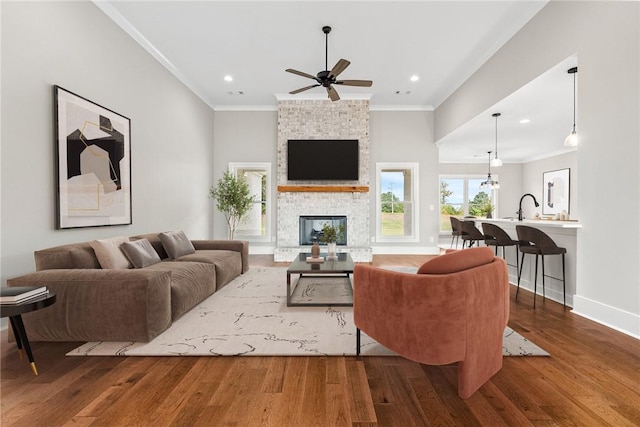 living room with a large fireplace, baseboards, wood finished floors, and crown molding