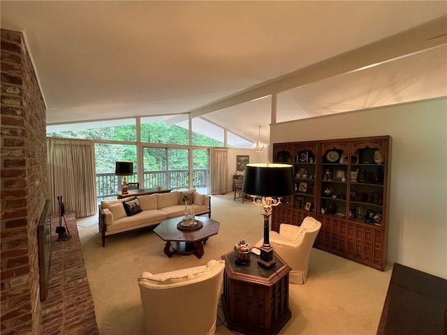 living room featuring carpet floors, lofted ceiling, and a notable chandelier