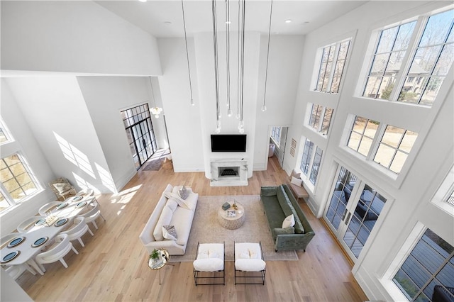 living room featuring a high ceiling and wood finished floors