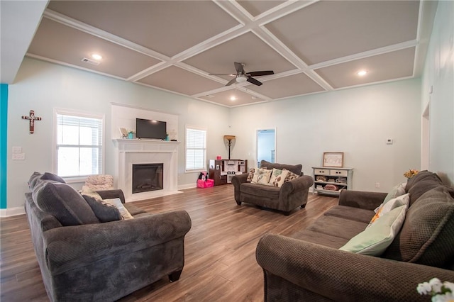 living room featuring ceiling fan, wood-type flooring, and coffered ceiling