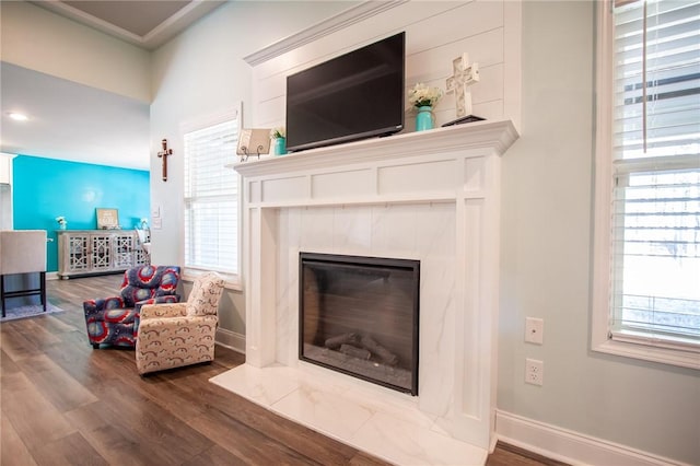 living room with a wealth of natural light, a fireplace, and dark hardwood / wood-style flooring