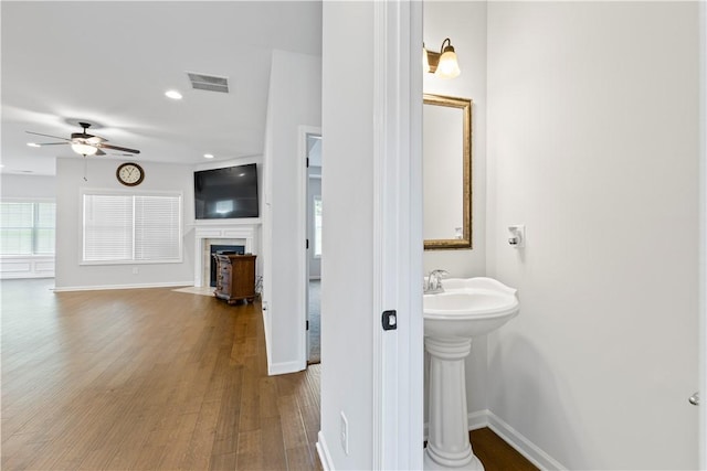 bathroom featuring wood-type flooring, ceiling fan, and sink