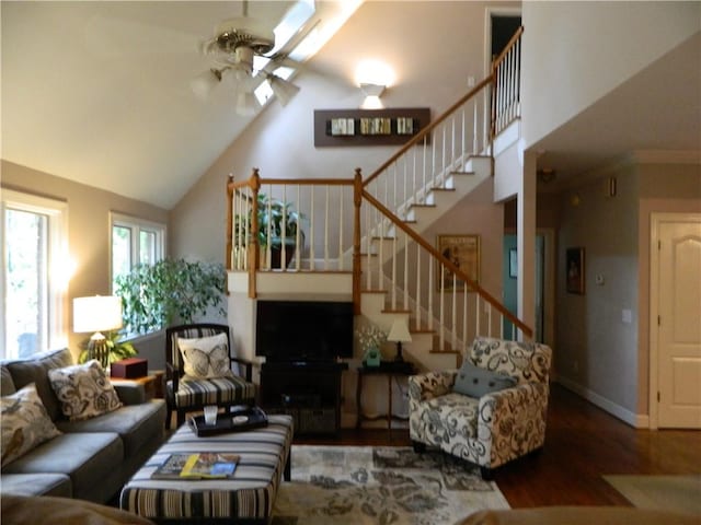 living room with ceiling fan, high vaulted ceiling, and wood-type flooring