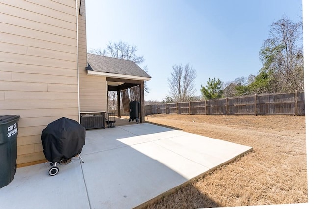 view of patio / terrace featuring a fenced backyard and area for grilling