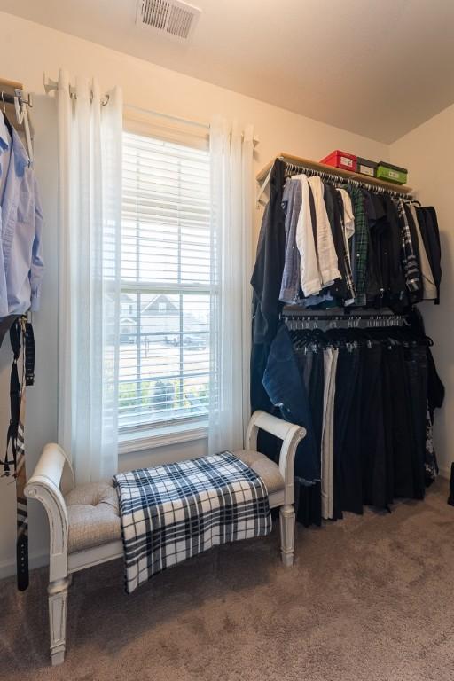 spacious closet featuring carpet flooring and visible vents