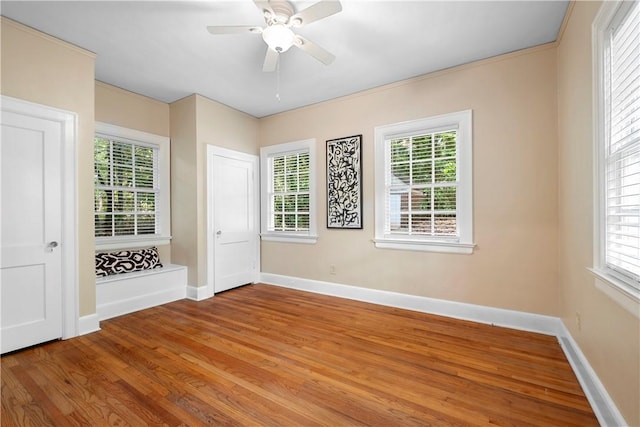 empty room with ceiling fan and hardwood / wood-style floors