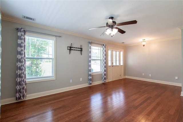 735 Hunter Ct, Auburn, AL 36832 - empty room with plenty of natural light, a ceiling fan, wood-type flooring, ornamental molding, and baseboards