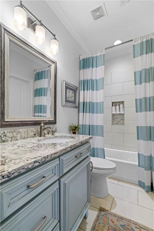 bathroom with toilet, vanity, visible vents, tile patterned floors, and shower / bath combination with curtain