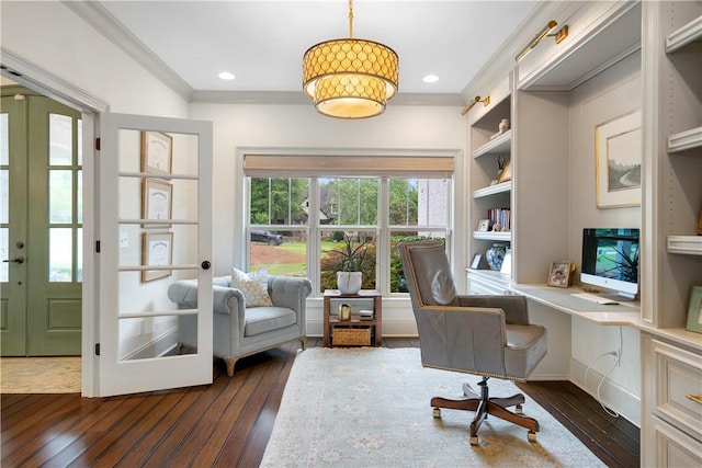 home office featuring dark wood-style floors, recessed lighting, french doors, and crown molding