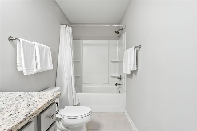 full bath with toilet, vanity, baseboards, tile patterned floors, and shower / bathtub combination with curtain