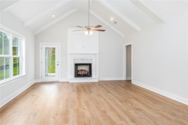 2022 Hidden Lakes Dr, Opelika, AL 36801 - unfurnished living room featuring beamed ceiling, ceiling fan, light wood-style flooring, a high end fireplace, and baseboards