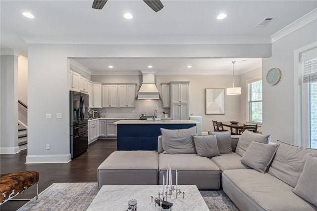 living room featuring ceiling fan, sink, dark wood-type flooring, and ornamental molding