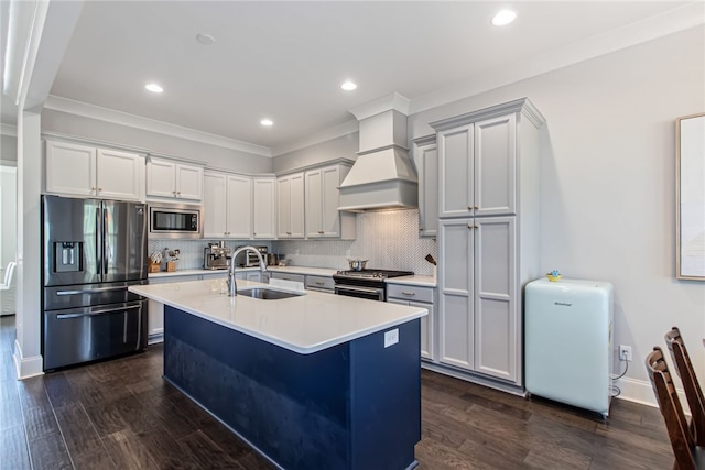 kitchen featuring appliances with stainless steel finishes, premium range hood, dark hardwood / wood-style floors, and sink