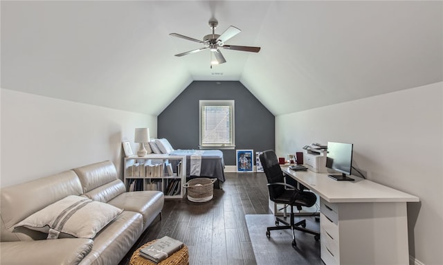 bedroom featuring ceiling fan, dark hardwood / wood-style flooring, and vaulted ceiling