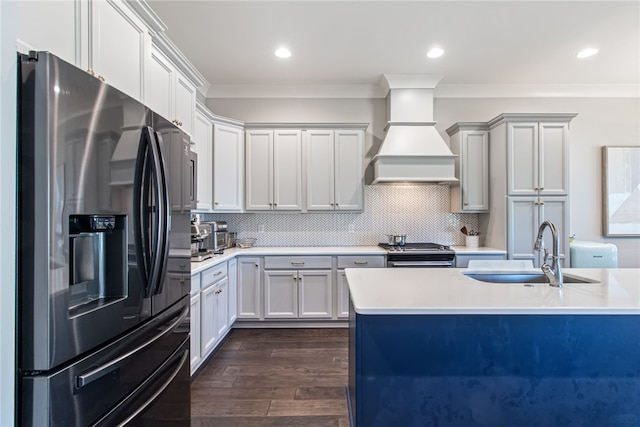 kitchen featuring decorative backsplash, appliances with stainless steel finishes, dark hardwood / wood-style flooring, premium range hood, and sink