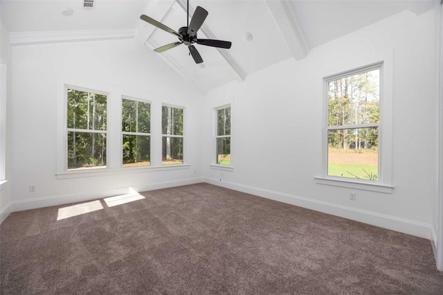 spare room with ceiling fan, carpet, high vaulted ceiling, and beamed ceiling