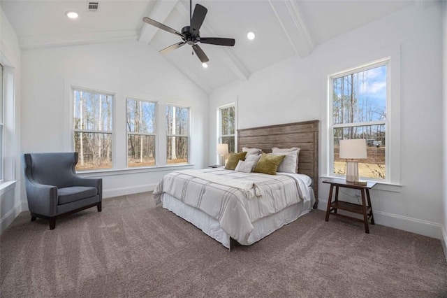 carpeted bedroom with ceiling fan and lofted ceiling with beams