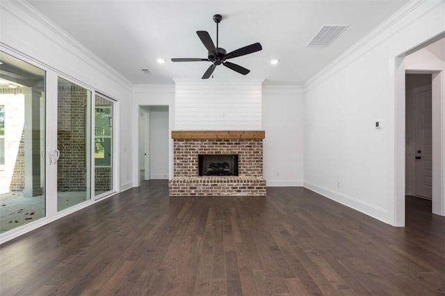 unfurnished living room with ceiling fan, dark hardwood / wood-style floors, ornamental molding, and a fireplace