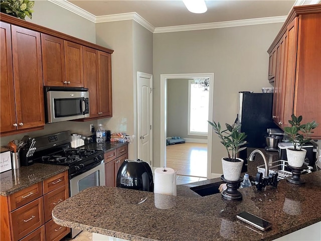 kitchen featuring dark stone countertops, ornamental molding, and appliances with stainless steel finishes