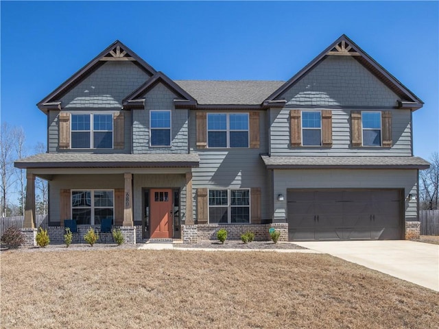 craftsman inspired home featuring concrete driveway, an attached garage, brick siding, and covered porch