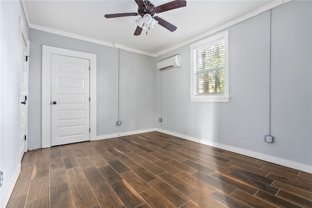 unfurnished room with ceiling fan, ornamental molding, and a wall unit AC