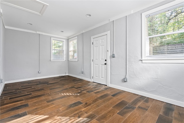 empty room featuring plenty of natural light, dark hardwood / wood-style floors, and ornamental molding