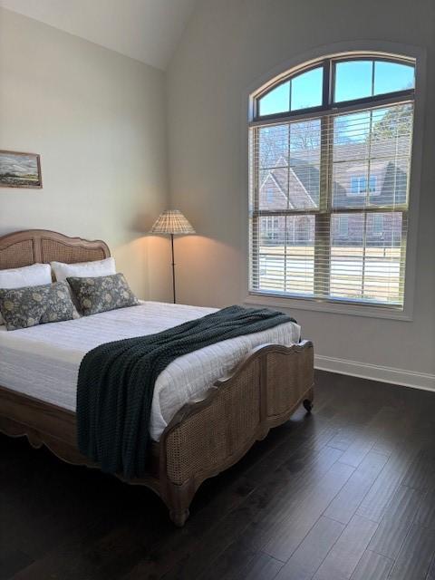 bedroom featuring lofted ceiling, dark hardwood / wood-style floors, and multiple windows