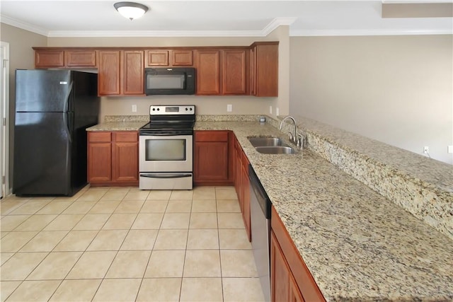 kitchen featuring light stone countertops, ornamental molding, a sink, and black appliances