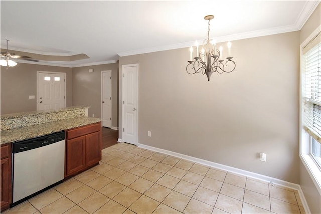 kitchen featuring stainless steel dishwasher, crown molding, light tile patterned floors, and ceiling fan with notable chandelier