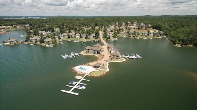 birds eye view of property with a water view and a view of trees