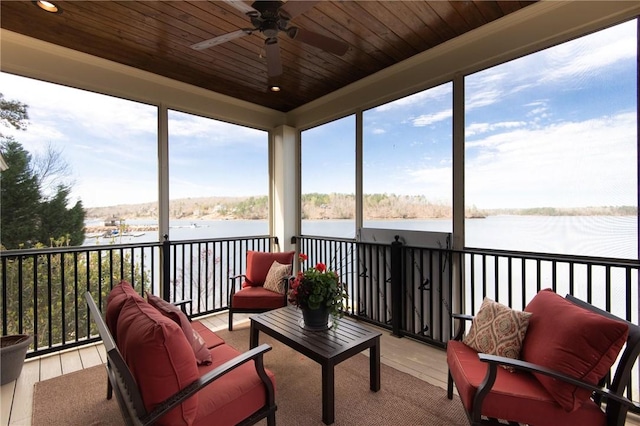 sunroom with a water view, wooden ceiling, and ceiling fan