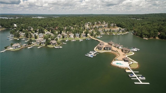 bird's eye view with a forest view and a water view