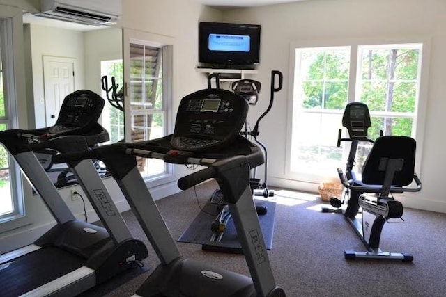 gym featuring an AC wall unit and carpet floors