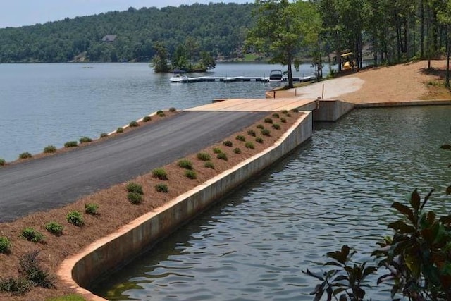 view of dock featuring a water view and a view of trees