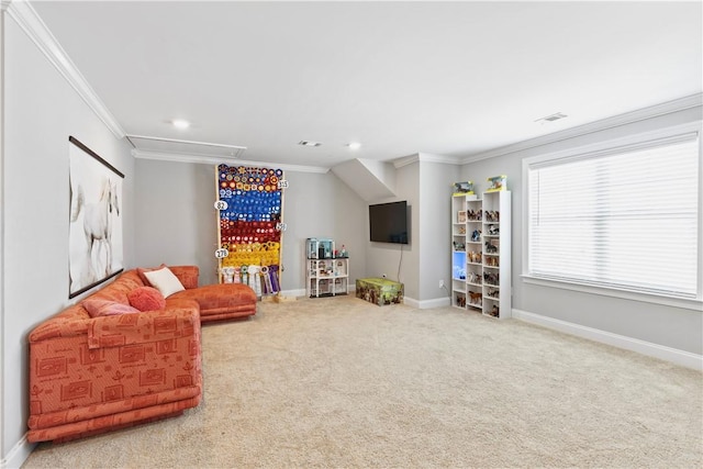 2409 Meadow Cove Rd, Auburn, AL 36832 - carpeted living room featuring attic access, crown molding, and recessed lighting