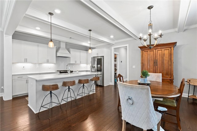 2409 Meadow Cove Rd, Auburn, AL 36832 - dining space with beamed ceiling, dark wood-style flooring, recessed lighting, a chandelier, and ornamental molding