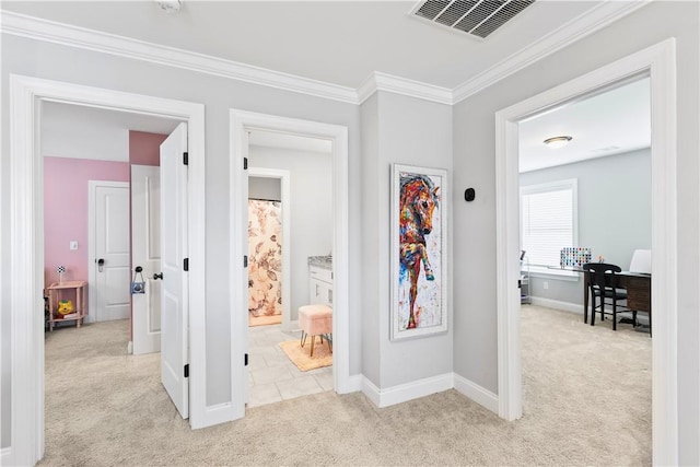 2409 Meadow Cove Rd, Auburn, AL 36832 - corridor featuring carpet floors, ornamental molding, and a desk