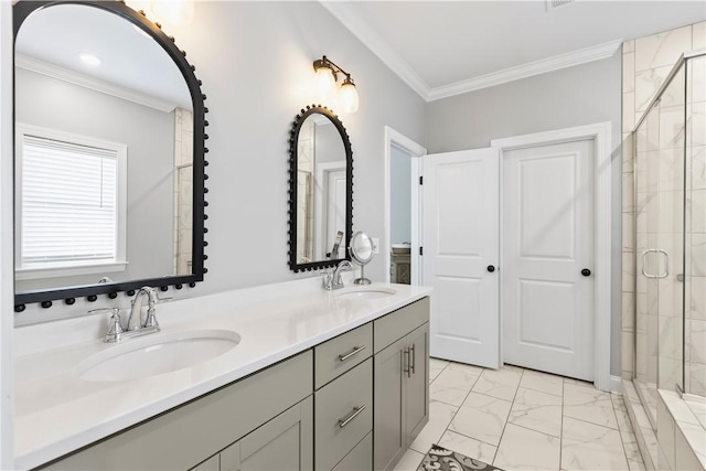 2409 Meadow Cove Rd, Auburn, AL 36832 - full bathroom featuring crown molding, a stall shower, double vanity, and marble finish flooring