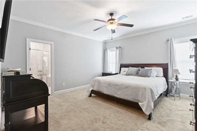 2409 Meadow Cove Rd, Auburn, AL 36832 - bedroom with ornamental molding, light carpet, a ceiling fan, and ensuite bath