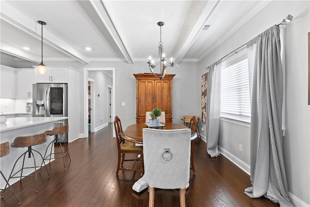 2409 Meadow Cove Rd, Auburn, AL 36832 - dining room with beam ceiling, dark wood-style floors, crown molding, a chandelier, and recessed lighting