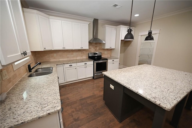 2228 Morgan Dr, Auburn, AL 36830 - kitchen featuring stainless steel electric range oven, wall chimney range hood, a sink, dark wood-style floors, and crown molding
